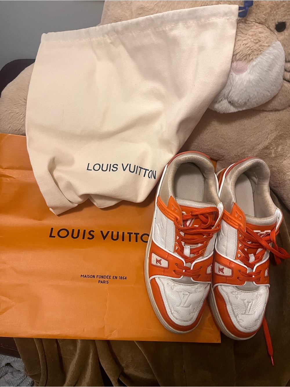 Authentic Louis Vuitton LV Trainer Sneakers Orange/White - Size 8.5